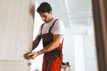 Craftsman Working on Door Installation in a Modern Interior Space During Daylight Hoursの写真素材
