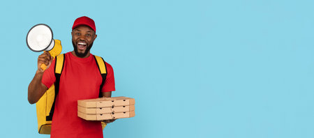 Great Offer. Cheerful Delivery Guy Holding Pizza Boxes And Megaphoneの写真素材