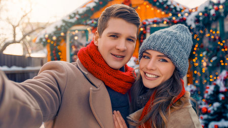 Couple Enjoying Winter Holiday Season at a Decorated Outdoor Market in the Snowの写真素材
