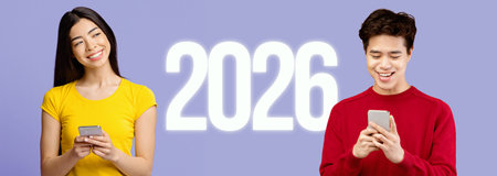 Confident Young Woman Smiling With Folded Arms Against a Purple Backgroundの写真素材