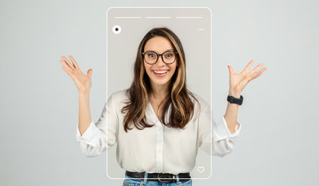 Happy Woman in White Shirt Poses for a Creative Social Media Collage Backgroundの写真素材
