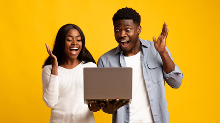 Excited Friends Celebrate Good News While Using a Laptop in Bright Yellow Backdropの写真素材