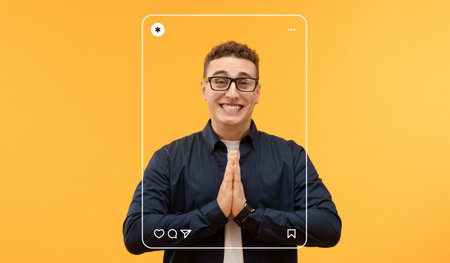 Smiling Man With Glasses Posing in a Vibrant Yellow Collage Backgroundの写真素材