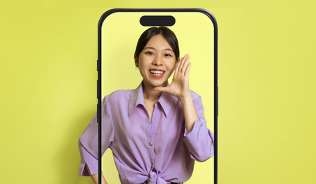 Woman Interacting With Smartphone in a Bright, Cheerful Setting, Showcasing Digital Communicationの写真素材