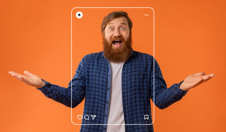 Cheerful Man Celebrating With Open Arms, Surrounded by an Orange Background in a Fun Collageの写真素材