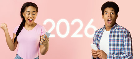 Excited Millennial Couple Rejoices Over Great News With Their Smartphones Against Pink Backdropの写真素材