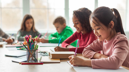 Japanese Schoolgirl Takes Notes While Learning in Modern Classroom With Multiracial Classmatesの写真素材