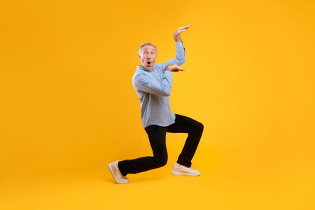 Mature Man Dances Joyfully to Music in a Vibrant Studio Setting, Highlighting Happiness and Funの写真素材