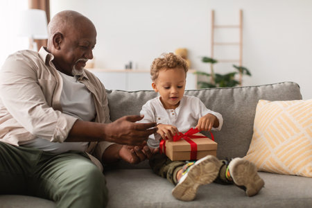 Grandpa Gives a Wrapped Gift to Grandson at Home During Birthday Celebrationの写真素材