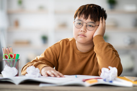 Creative Struggle of a Teenage Boy Working on a School Project at Homeの写真素材