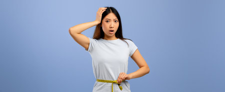 Surprised Woman Measuring Her Waist With Tape in Front of a Blue Background
