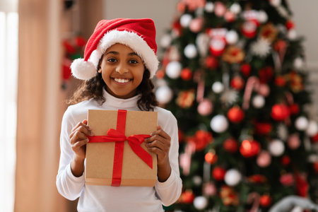 Excited Black Girl Holds Christmas Gift in Festive Living Room With Decorated Treeの写真素材