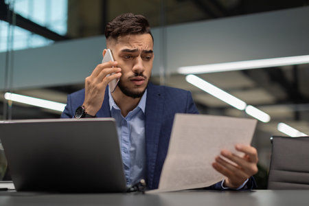 Distressed Young Arab Manager Reviewing Financial Documents While on a Phone Callの写真素材