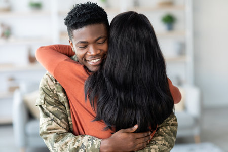 Emotionally Touching Reunion in a Cozy Living Room Between a Soldier and Their Partner Enjoying a Warm Embraceの写真素材