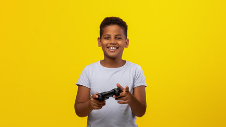 Happy Child Enjoying Video Games in Front of a Cheerful Yellow Background
