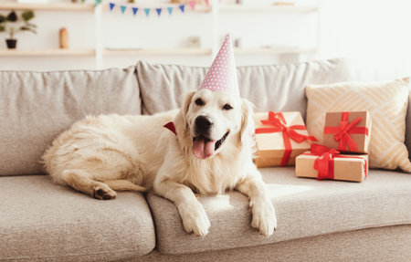 Dog Wearing Party Hat Celebrates Birthday With Gifts in Cozy Living Roomの写真素材