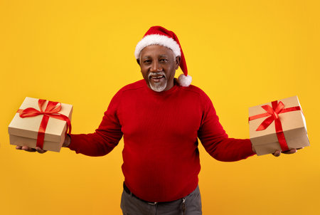 Happy Senior Man Celebrating Christmas With Gifts Against a Bright Orange Backgroundの写真素材