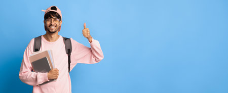 Young Student Smiles and Gives a Thumbs up While Holding School Supplies Against a Blue Backgroundの写真素材