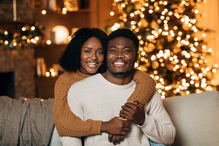 Happy Black Couple Celebrating Christmas Night on Cozy Sofa With Bright Decorationsの写真素材