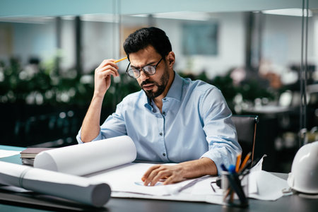 Architect Reviewing Blueprints and Making Notes in a Modern Office Setting During the Afternoonの写真素材