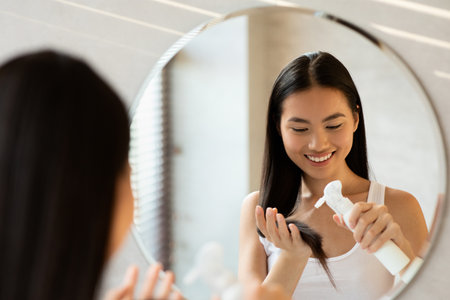 Young Woman Enjoying Hair Care Routine in Bathroom After Morning Showerの写真素材