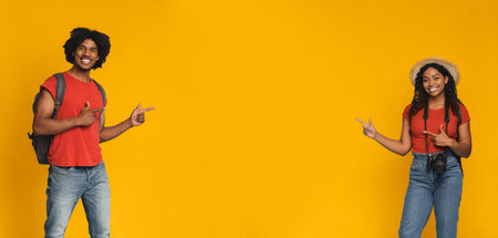 Cheerful Friends Point in Different Directions Against a Bright Yellow Backgroundの写真素材