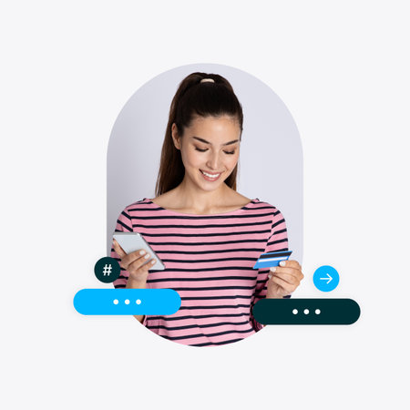 Smiling Woman Using Smartphone and Credit Card for Online Shopping at Homeの写真素材