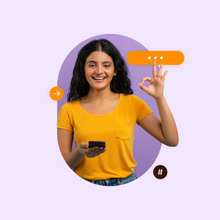 Smiling Woman Holding a Phone and Making a Gesture in a Colorful Collage Setting