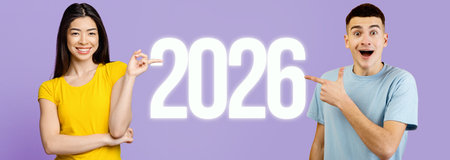 Confident Young Asian Woman Smiling While Posing With a Man Pointing to the Year 2026