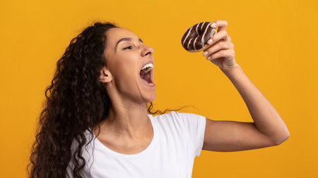 Happy Latin Woman Enjoying a Doughnut in a Bright Studio Settingの写真素材