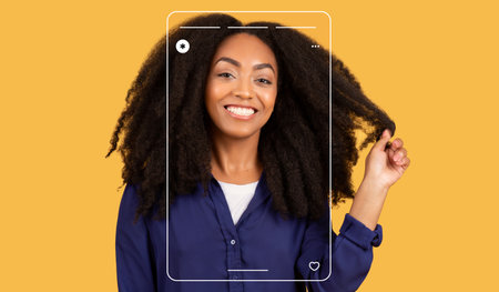 Smiling Woman With Curly Hair Showing Her Style in a Collage Settingの写真素材