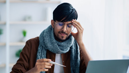 Young Man Feeling Unwell While Working at Home With a Laptop and Thermometer