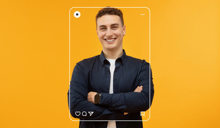 Smiling Man Posing in a Modern Collage Background With Vibrant Colorsの写真素材