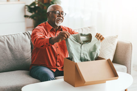 Elderly Man Opening a Package With a Green Shirt at Home in Daylightの写真素材