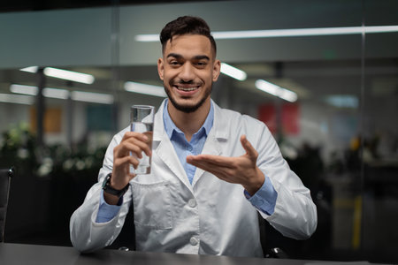Cheerful Doctor Encourages Healthy Lifestyle by Promoting Water Drinking in Office Settingの写真素材