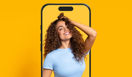 Smiling Woman Poses Confidently in a Bright Yellow Backdrop With a Smartphone Frameの写真素材