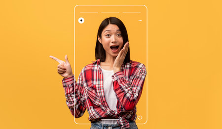 Excited Young Woman Posing for a Playful Photo With a Bright Yellow Backgroundの写真素材