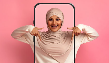 Bright Collage of a Smiling Woman in a Hijab Showcasing Creativity With a Fun Frameの写真素材