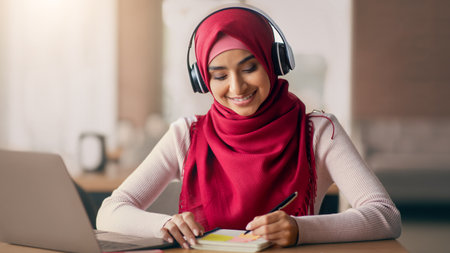 Young Woman Studies at Home With Headphones During a Productive Session in a Cozy Settingの写真素材