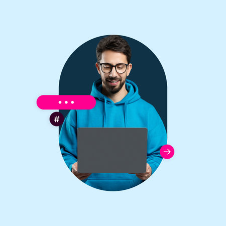 Smiling Man Working on Laptop in a Modern, Colorful Digital Setting