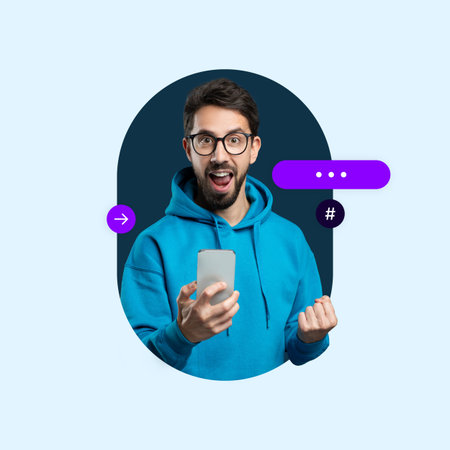 Excited Person Celebrating While Using Smartphone in a Vibrant Collage Design With Colorful Elements