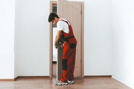 Skilled Worker Installs a Door in a Bright Modern Roomの写真素材