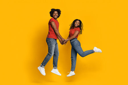 Joyful Couple Jumps Together Against a Bright Yellow Background During a Fun Photoshootの写真素材