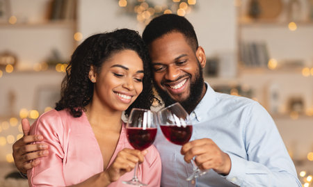 Smiling woman and man drinking wine on a dateの写真素材