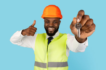 Happy Black Builder Wearing Hardhat Holding Keys And Gesturing Thumb Upの写真素材