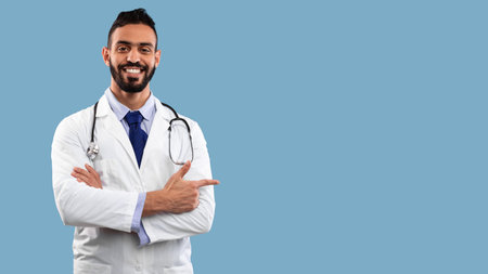 Smiling Doctor in a White Coat With Stethoscope Pointing to the Right Against a Light Blue Backgroundの写真素材