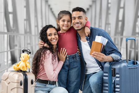 Family Enjoying Their Time Together at the Airport With Luggage Before Traveling to Their Vacation Destinationの写真素材