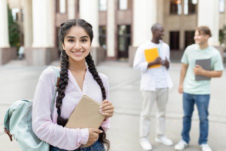 Students Socialize on a College Campus With Books and Backpacks During a Sunny Day in the Afternoonの写真素材