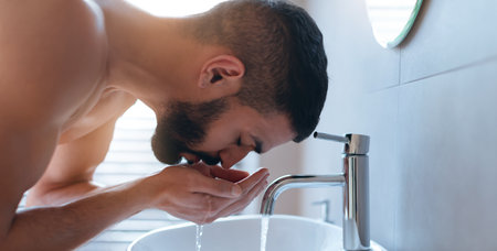 Man Washing Face at Bathroom Sink in Morning Light Near Windowの写真素材