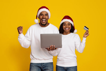 Happy Couple Celebrating Online Shopping During Christmas Holiday Seasonの写真素材